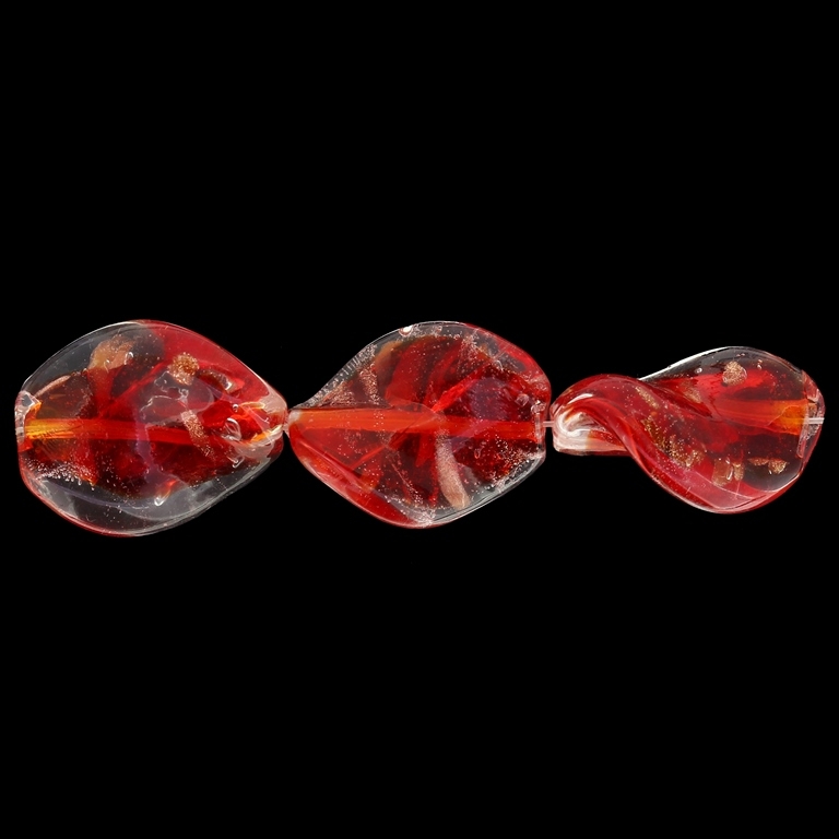 GLASS BEADS - MURANO STYLE - OVAL WAVE WITH SPOTS - TRANSPARENT - 19х16mm WHITE-RED-COPPER - 100pcs. Hole:1.5mm