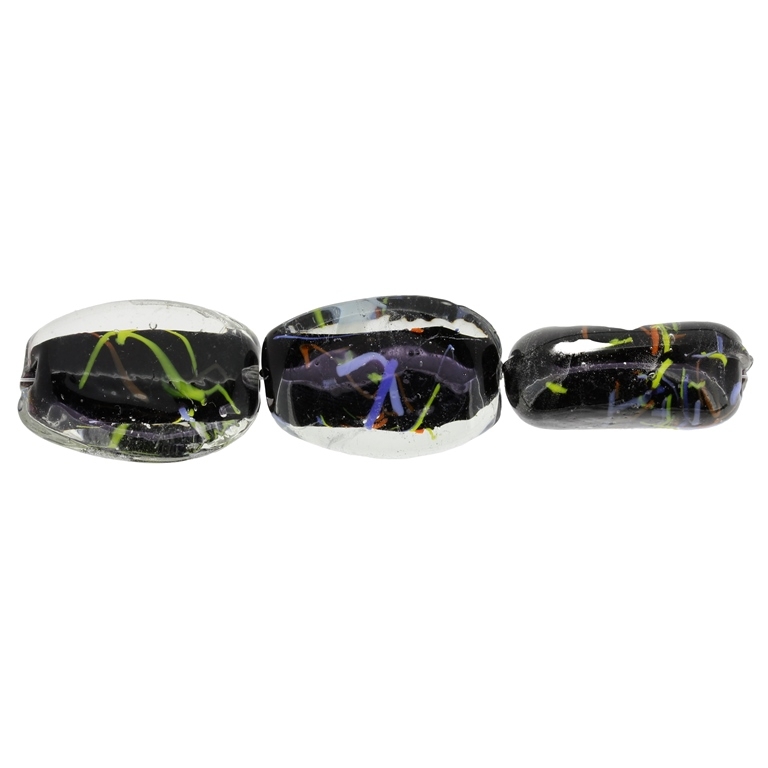 GLASS BEADS - MURANO STYLE - OVAL IRREGULAR WITH BLACK FILLING AND SPOTS - 30х23х12mm WHITE AND COLORFUL - 30pcs. Hole:1.5mm