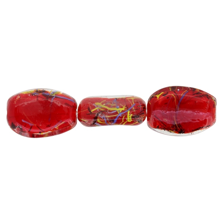 GLASS BEADS - MURANO STYLE - OVAL IRREGULAR WITH SPOTS - TRANSPARENT - 30х23х12mm WHITE-RED-COLORFUL - 30pcs. Hole:1.5mm