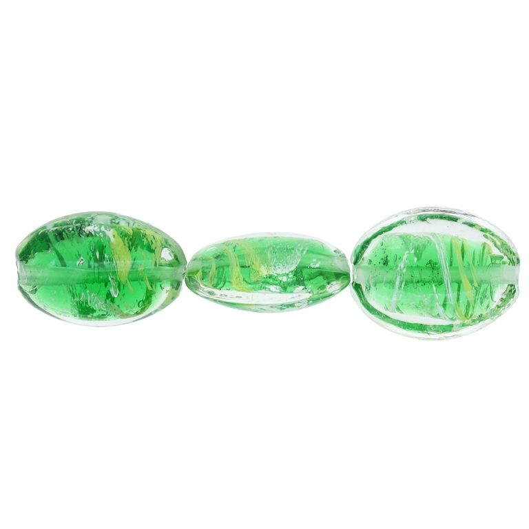 GLASS BEADS - MURANO STYLE - OVAL FLAT WITH COLOR FILLING - 31х24х12mm WHITE-GREEN-GREEN (LIGHT) - 30pcs. Hole:1.5mm