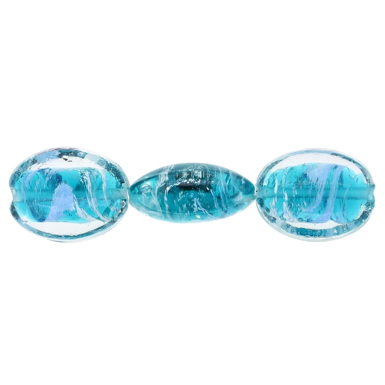 GLASS BEADS - MURANO STYLE - OVAL FLAT WITH COLOR FILLING - 31х24х12mm WHITE-TURQUOISE-BLUE (LIGHT) - 30pcs. Hole:1.5mm