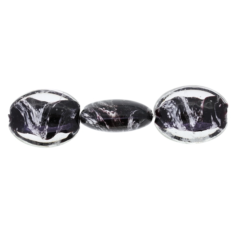 GLASS BEADS - MURANO STYLE - OVAL FLAT WITH COLOR FILLING - 31х24х12mm WHITE-BLACK-PURPLE (DARK) - 30pcs. Hole:1.5mm