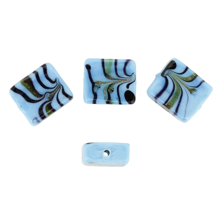 GLASS BEADS - MURANO STYLE - RECTANGULAR WITH STRIPES - OPAQUE - 16х14х7mm BLUE (LIGHT)-PURPLE (DARK)-GOLD - 100pcs. Hole:1.5mm