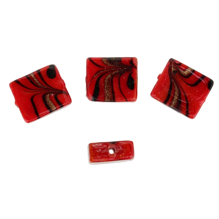 GLASS BEADS - MURANO STYLE - RECTANGULAR WITH STRIPES - OPAQUE - 16х14х7mm RED (DARK)-BLACK AND GOLD - 100pcs. Hole:1.5mm