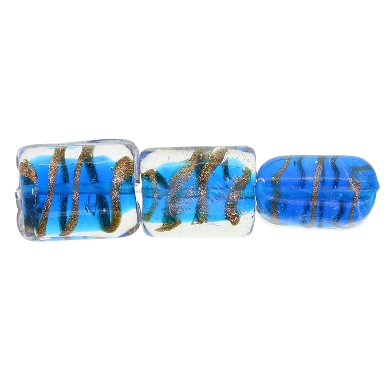 GLASS BEADS - MURANO STYLE - RECTANGULAR WITH STRIPES - TRANSPARENT - 20х16х11mm WHITE-BLUE AND GOLD - 60pcs. Hole:1.5mm