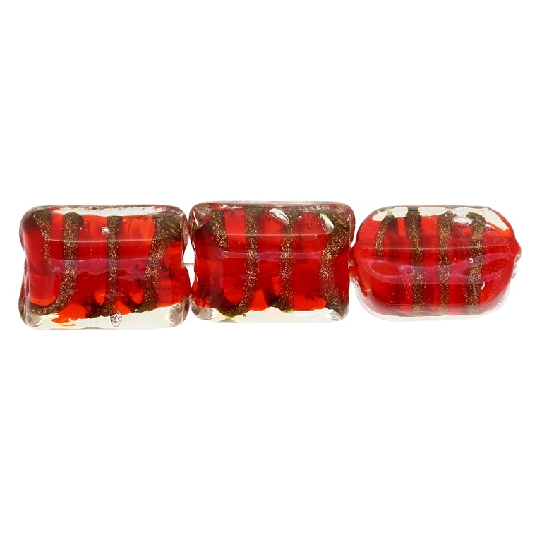 GLASS BEADS - MURANO STYLE - RECTANGULAR WITH STRIPES - TRANSPARENT - 20х16х13mm WHITE-RED-GOLD - 60pcs. Hole:1.5mm