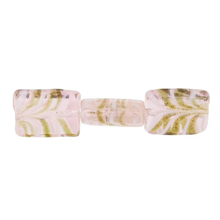 GLASS BEADS - MURANO STYLE - RECTANGULAR WITH STRIPES 02 - TRANSPARENT - 20х16х9mm PINK (LIGHT)-WHITE-GOLD - 60pcs. Hole:1.5mm