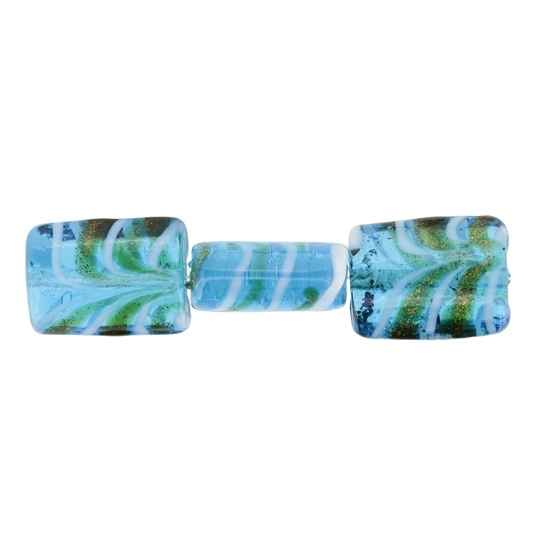 GLASS BEADS - MURANO STYLE - RECTANGULAR WITH STRIPES 02 - TRANSPARENT - 20х16х9mm BLUE SKY (DARK)-WHITE-GOLD - 60pcs. Hole:1.5mm