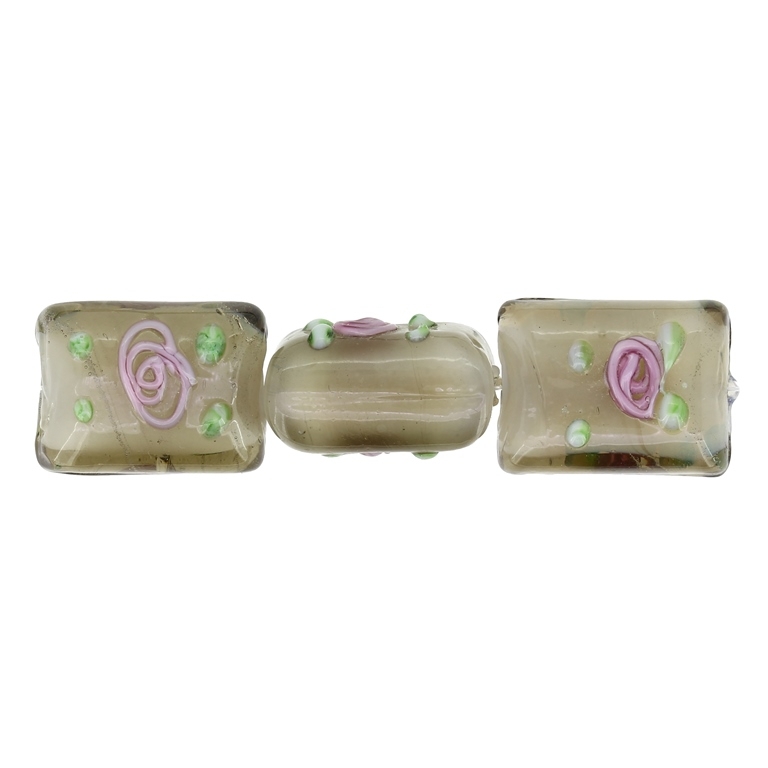 GLASS BEADS - MURANO STYLE - RECTANGULAR WITH WHITE FILLING AND COLORFUL RELIEF - 20х16х13mm GRAY-GREEN-PINK - 60pcs. Hole:1.5mm