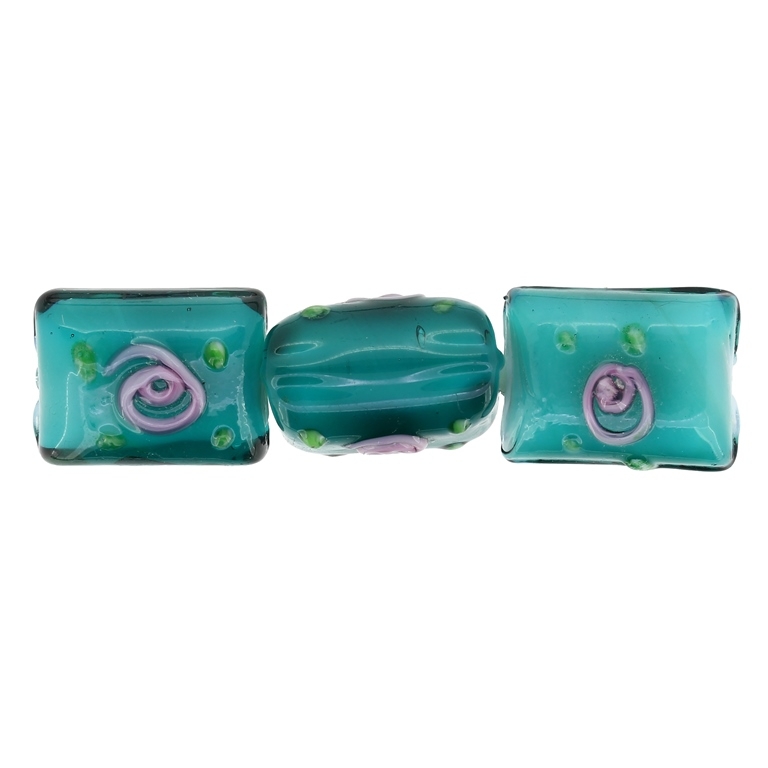 GLASS BEADS - MURANO STYLE - RECTANGULAR WITH WHITE FILLING AND COLORFUL RELIEF - 20х16х13mm TURQUOISE (DARK)-GREEN-PINK - 60pcs. Hole:1.5mm