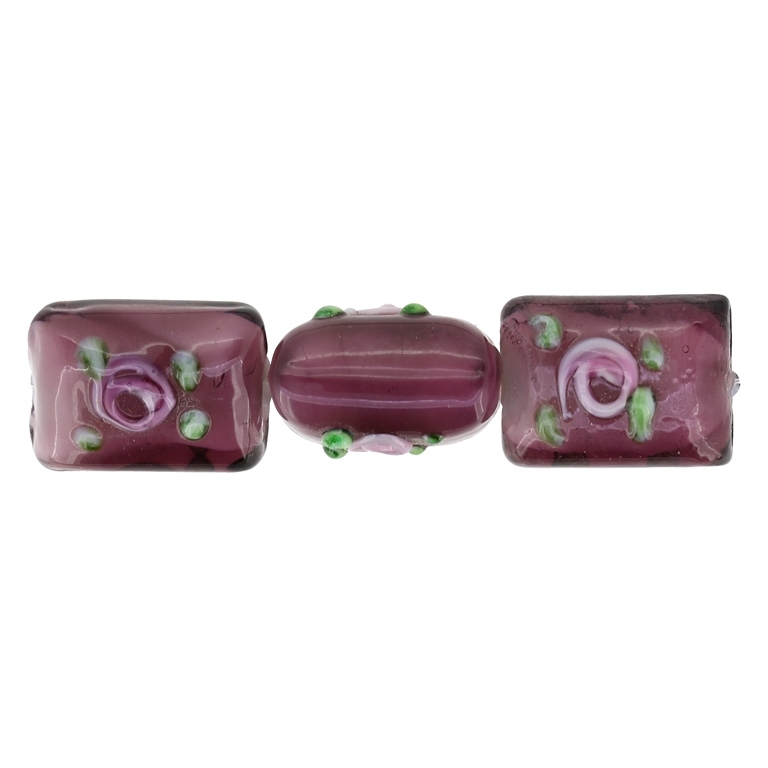 GLASS BEADS - MURANO STYLE - RECTANGULAR WITH WHITE FILLING AND COLORFUL RELIEF - 20х16х13mm CYCLAMEN (DARK)-GREEN-PINK - 60pcs. Hole:1.5mm