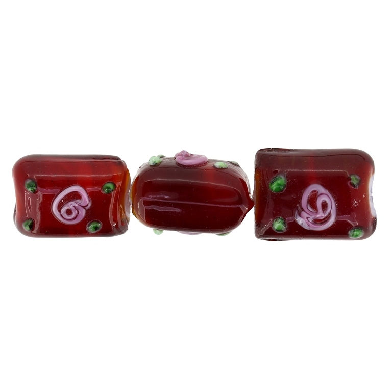 GLASS BEADS - MURANO STYLE - RECTANGULAR WITH WHITE FILLING AND COLORFUL RELIEF - 20х16х13mm RED-GREEN-PINK - 60pcs. Hole:1.5mm