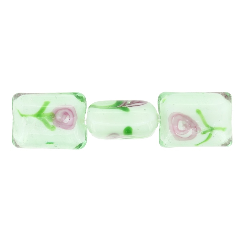 GLASS BEADS - MURANO STYLE - RECTANGULAR WITH WHITE FILLING AND FLOWERS - 20х16х11mm RESEDA-GREEN-ROSE DUST - 60pcs. Hole:1.5mm