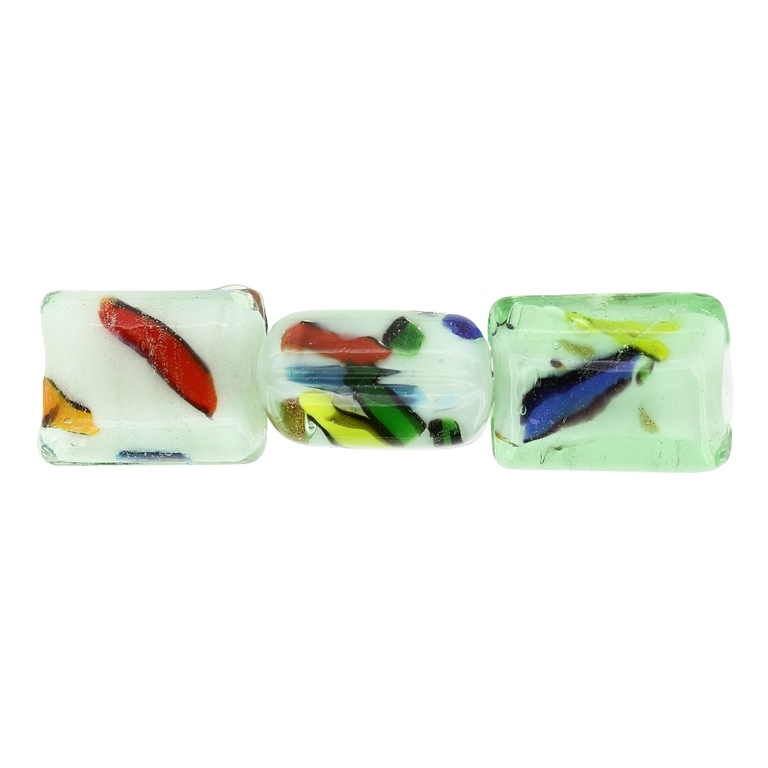 GLASS BEADS - MURANO STYLE - RECTANGULAR WITH WHITE FILLING AND SPOTS - 20х16х11mm RESEDA AND COLORFUL - 60pcs. Hole:1.5mm