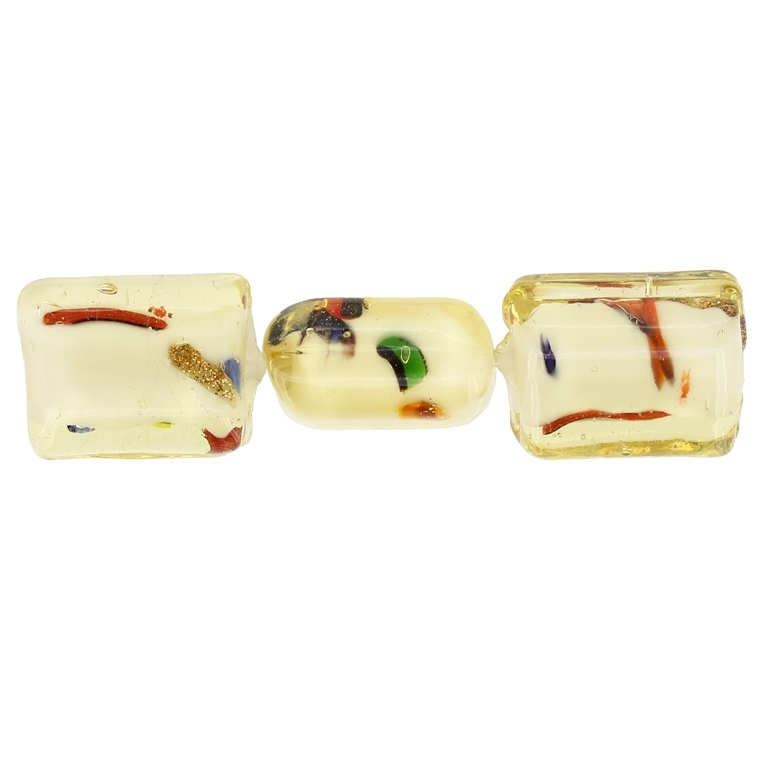 GLASS BEADS - MURANO STYLE - RECTANGULAR WITH WHITE FILLING AND SPOTS - 20х16х11mm CHAMPAGNE (DARK) AND COLORFUL - 60pcs. Hole:1.5mm