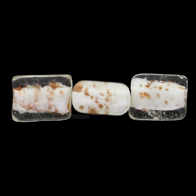 GLASS BEADS - MURANO STYLE - RECTANGULAR WITH WHITE FILLING AND SPOTS 02 - 20х16х11mm WHITE AND COPPER - 60pcs. Hole:1.5mm