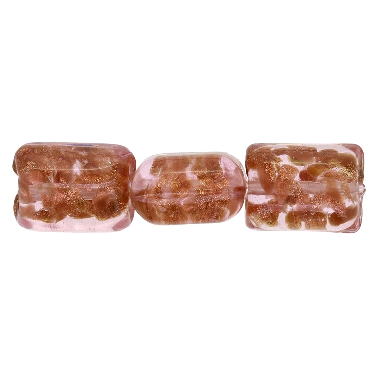 GLASS BEADS - MURANO STYLE - RECTANGULAR WITH SPOTS - TRANSPARENT - 20х16х13mm PINK (DARK) AND COPPER - 60pcs. Hole:1.5mm