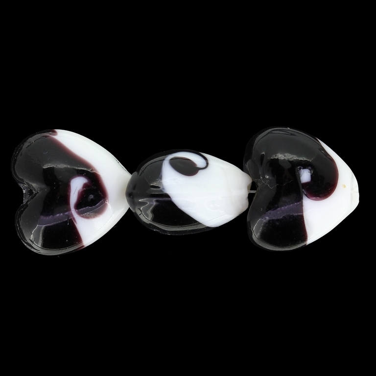 GLASS BEADS - MURANO STYLE - HEART 01 - OPAQUE - 20х20х13mm BLACK-WHITE-PURPLE (DARK) - 60pcs. Hole:1.5mm