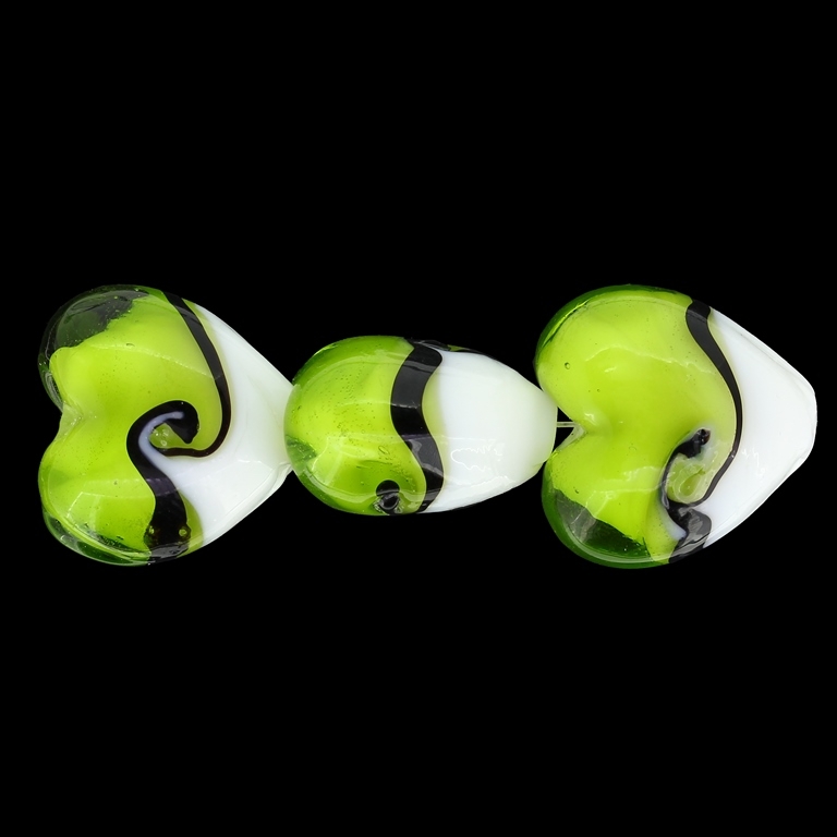 GLASS BEADS - MURANO STYLE - HEART 01 - OPAQUE WITH TRANSPARENT - 20х20х13mm WHITE-GREEN-BLACK - 60pcs. Hole:1.5mm