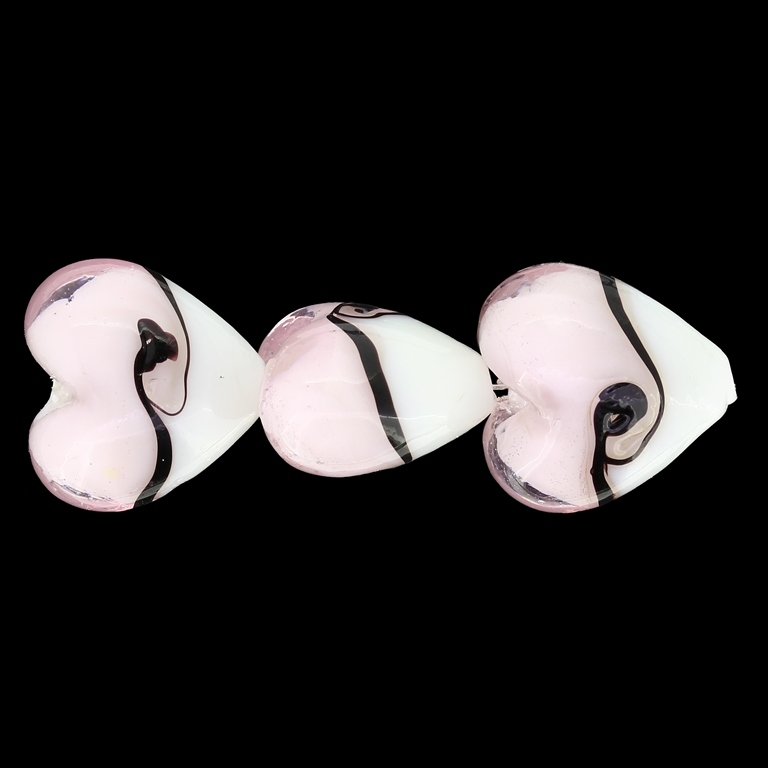 GLASS BEADS - MURANO STYLE - HEART 01 - OPAQUE WITH TRANSPARENT - 20х20х13mm WHITE-PINK (LIGHT)-BLACK - 60pcs. Hole:1.5mm