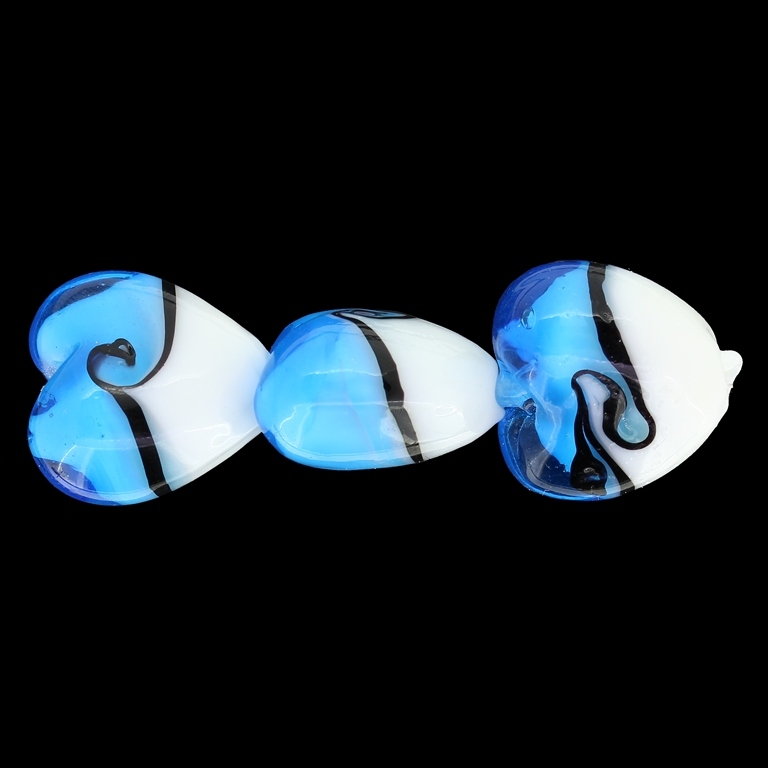 GLASS BEADS - MURANO STYLE - HEART 01 - OPAQUE WITH TRANSPARENT - 20х20х13mm WHITE-BLUE SKY (DARK)-BLACK - 60pcs. Hole:1.5mm