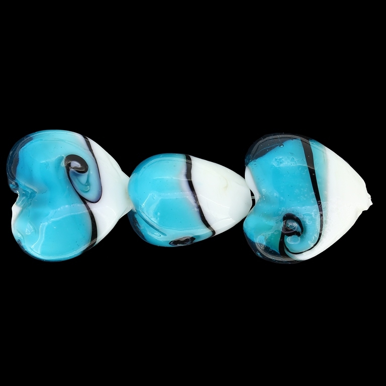 GLASS BEADS - MURANO STYLE - HEART 01 - OPAQUE WITH TRANSPARENT - 20х20х13mm WHITE-TURQUOISE-BLACK - 60pcs. Hole:1.5mm