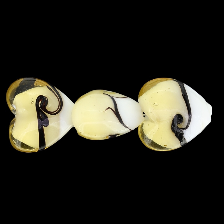 GLASS BEADS - MURANO STYLE - HEART 01 - OPAQUE WITH TRANSPARENT - 20х20х13mm WHITE-CHAMPAGNE (DARK)-BLACK - 60pcs. Hole:1.5mm