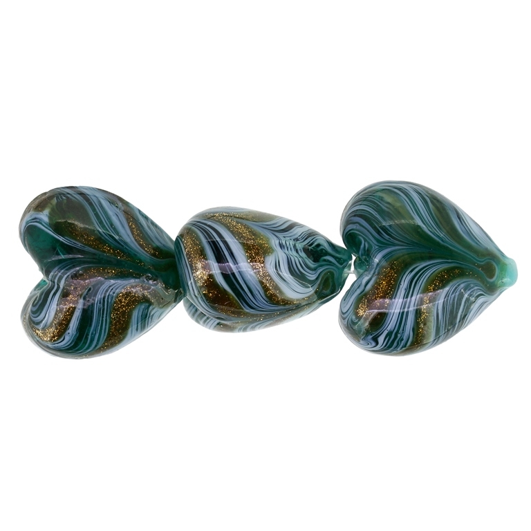 GLASS BEADS - MURANO STYLE - HEART 01 WITH STRIPES - TRANSPARENT - 20х20х13mm TURQUOISE GREEN (DARK)-WHITE-GOLD - 60pcs. Hole:1.5mm