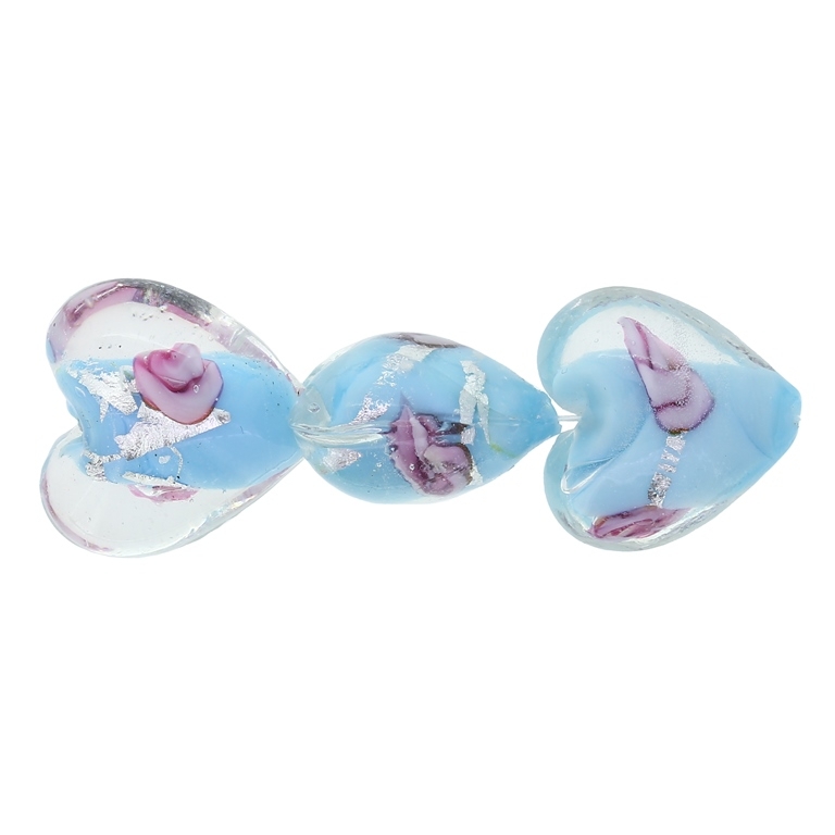 GLASS BEADS - MURANO STYLE - HEART 01 WITH BLUE FILLING AND SPOTS 02 - 20х20х13mm BLUE (LIGHT)-PINK-SILVER - 60pcs. Hole:1.5mm