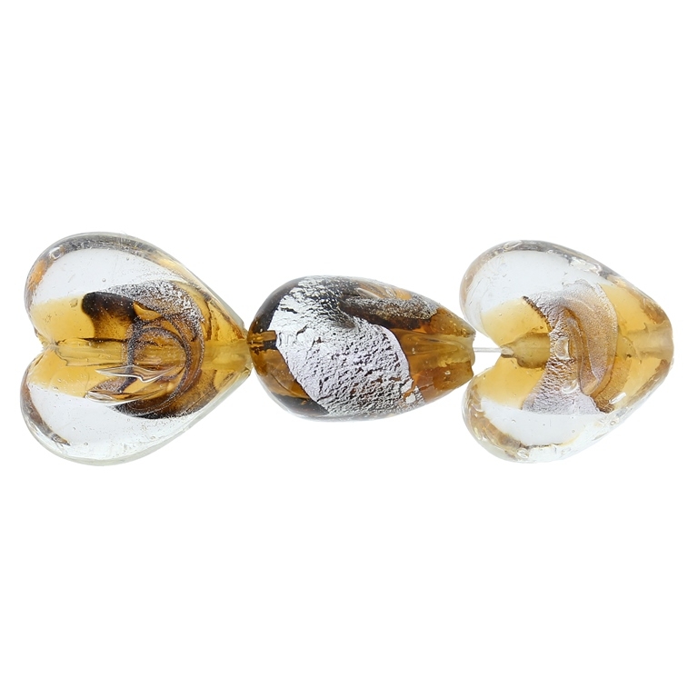 GLASS BEADS - MURANO STYLE - HEART 01 WITH SILVER FILLING - SPIRAL - 20х20х13mm WHITE AND BROWN (LIGHT) - 60pcs. Hole:1.5mm