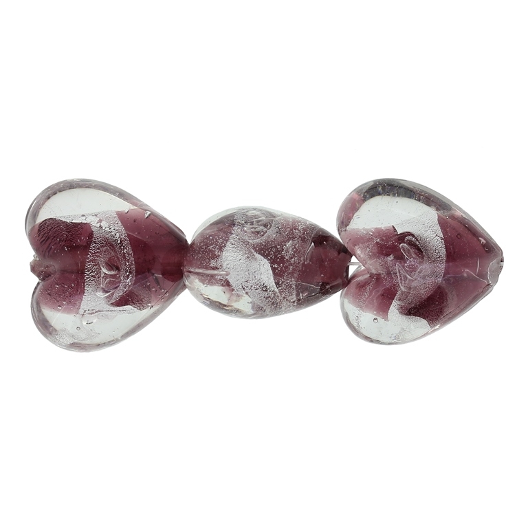 GLASS BEADS - MURANO STYLE - HEART 01 WITH SILVER FILLING - SPIRAL - 20х20х13mm WHITE AND CYCLAMEN (DARK) - 60pcs. Hole:1.5mm