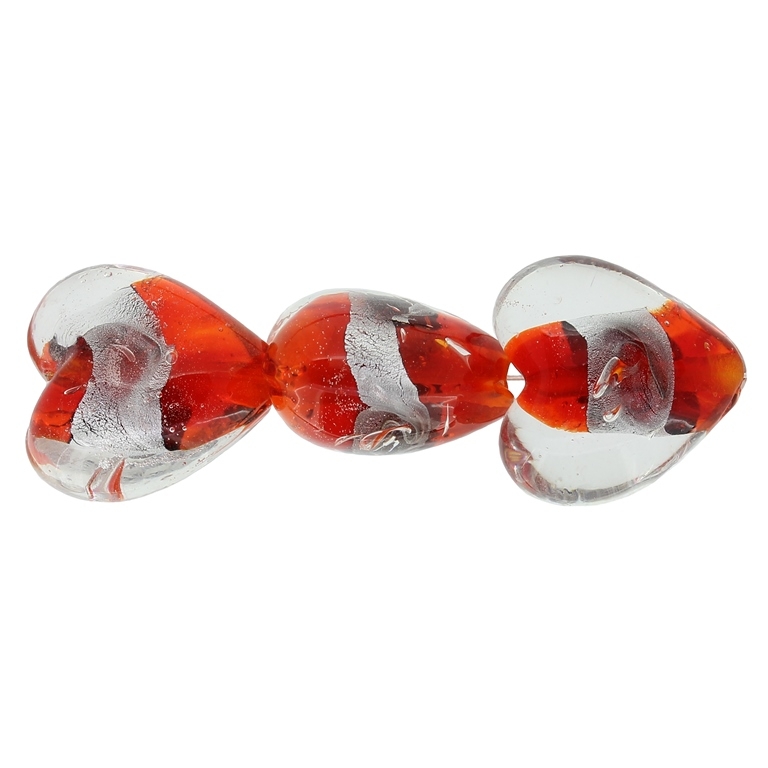 GLASS BEADS - MURANO STYLE - HEART 01 WITH SILVER FILLING - SPIRAL - 20х20х13mm WHITE AND RED - 60pcs. Hole:1.5mm