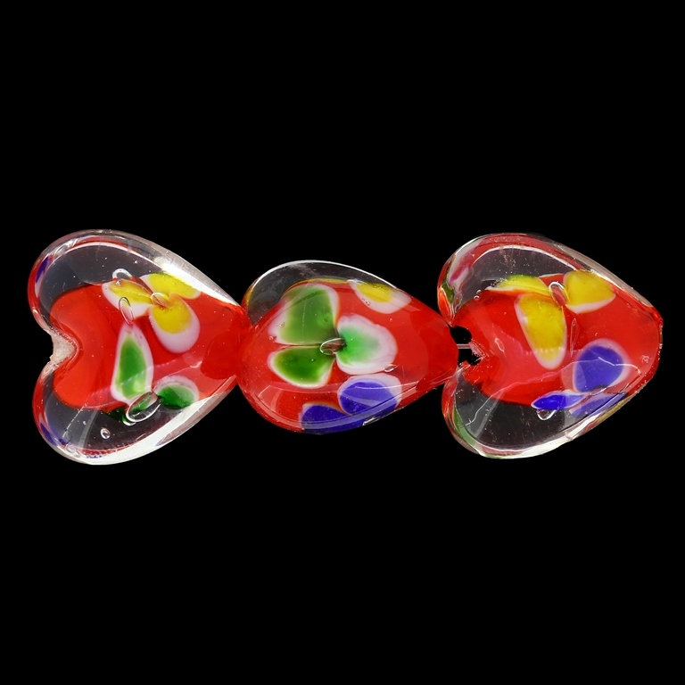 GLASS BEADS - MURANO STYLE - HEART 01 WITH RED FILLING AND SPOTS FLOWERS - 20х20х13mm WHITE-RED-COLORFUL - 60pcs. Hole:1.5mm