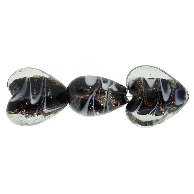 GLASS BEADS - MURANO STYLE - HEART 01 WITH BLACK FILLING AND STRIPES 02 - 20х10mm WHITE-BLACK AND GOLD - 60pcs. Hole:1.5mm