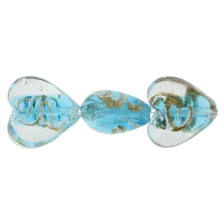 GLASS BEADS - MURANO STYLE - HEART 01 WITH SPOTS - TRANSPARENT - 20х20х13mm WHITE-BLUE SKY-SILVER-GOLD - 60pcs. Hole:1.5mm