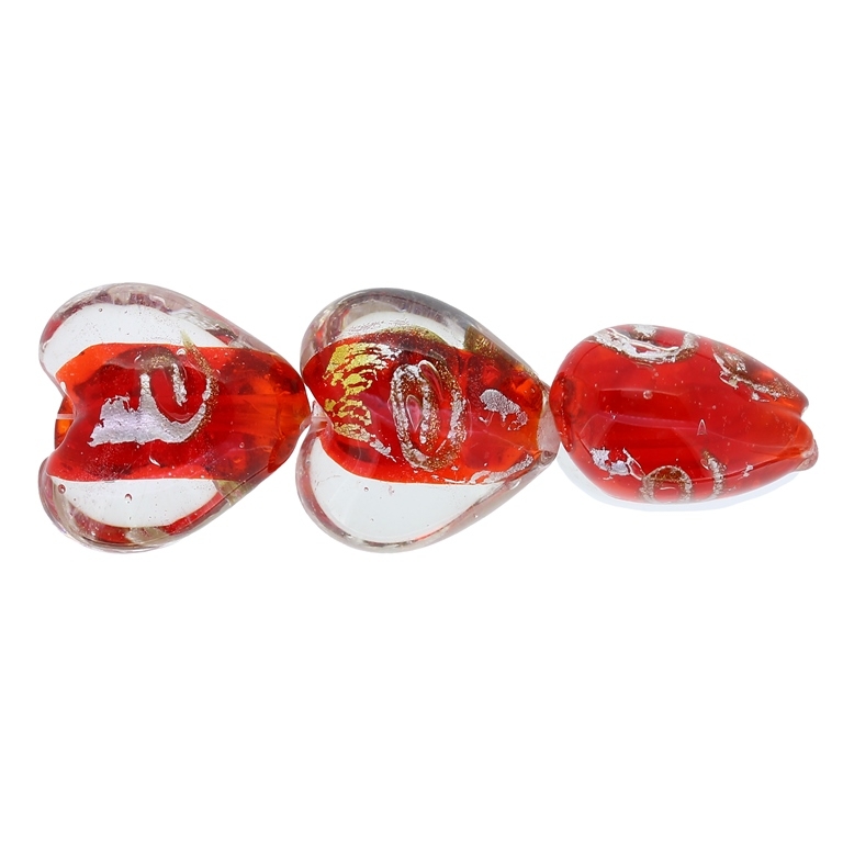 GLASS BEADS - MURANO STYLE - HEART 01 WITH SPOTS - TRANSPARENT - 20х20х13mm WHITE-RED-SILVER-GOLD - 60pcs. Hole:1.5mm