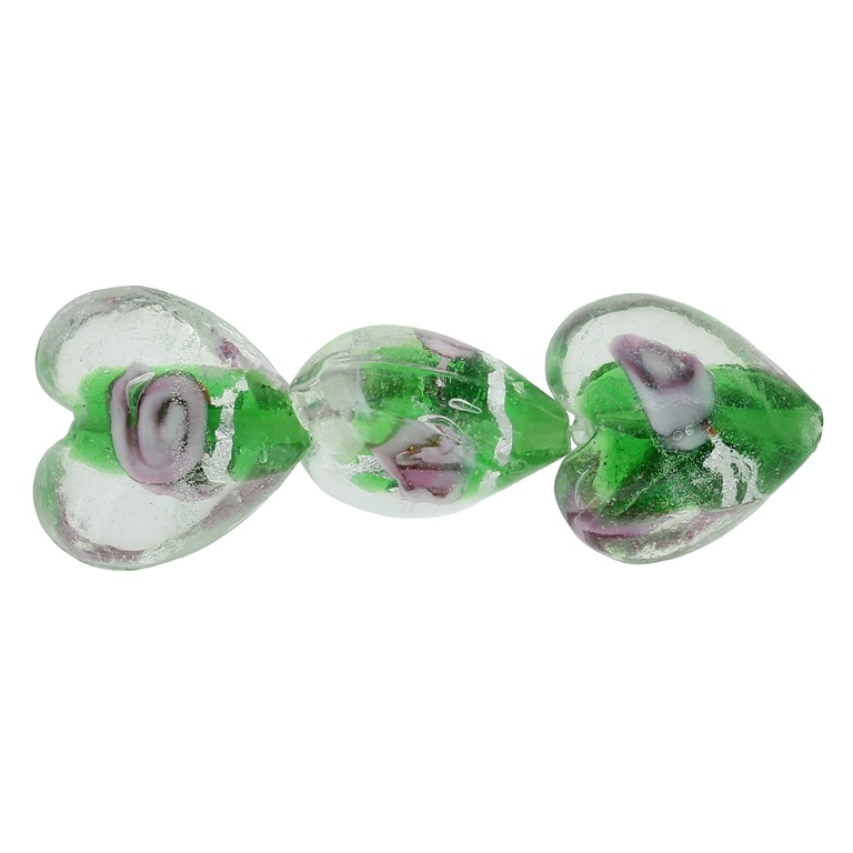 GLASS BEADS - MURANO STYLE - HEART 01 WITH SPOTS 02 - TRANSPARENT - 20х20х13mm WHITE-GREEN-PINK-SILVER - 60pcs. Hole:1.5mm