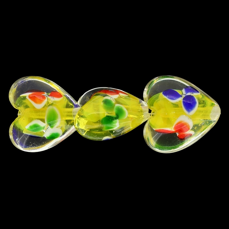 GLASS BEADS - MURANO STYLE - HEART 01 WITH SPOTS FLOWERS - TRANSPARENT - 20х20х13mm WHITE-YELLOW-COLORFUL - 60pcs. Hole:1.5mm