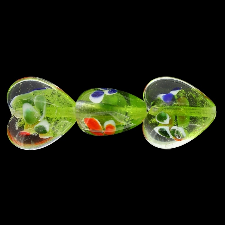 GLASS BEADS - MURANO STYLE - HEART 01 WITH SPOTS FLOWERS - TRANSPARENT - 20х20х13mm WHITE-GREEN-COLORFUL - 60pcs. Hole:1.5mm