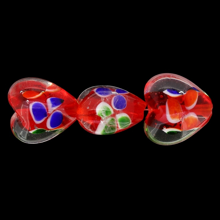 GLASS BEADS - MURANO STYLE - HEART 01 WITH SPOTS FLOWERS - TRANSPARENT - 20х20х13mm WHITE-RED-COLORFUL - 60pcs. Hole:1.5mm