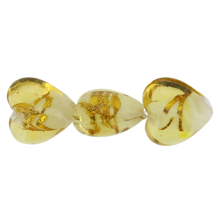 GLASS BEADS - MURANO STYLE - HEART 02 WITH WHITE FILLING AND GOLDEN THREADS - 20х20х13mm YELLOW AND GOLD - 48pcs. Hole:1.5mm