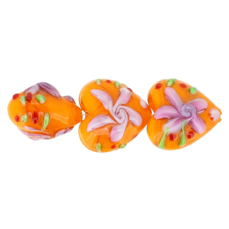 GLASS BEADS - MURANO STYLE - HEART 02 WITH RELIEF FLOWERS 02 - OPAQUE - 20х20х15mm ORANGE-ROSE DUST-COLORFUL - 48pcs. Hole:1.5mm