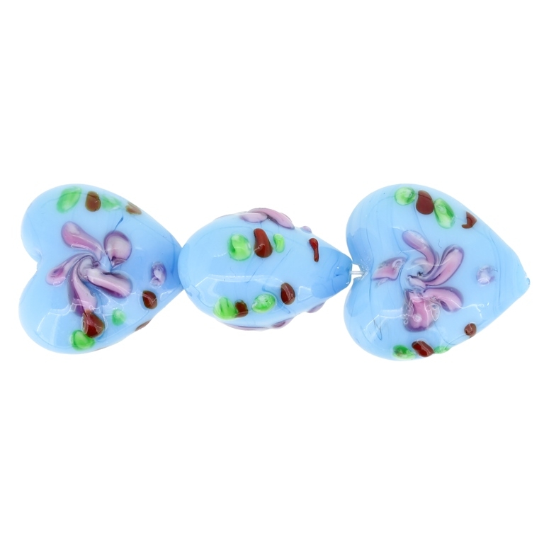 GLASS BEADS - MURANO STYLE - HEART 02 WITH RELIEF FLOWERS 02 - OPAQUE - 20х20х15mm BLUE-ROSE DUST-COLORFUL - 48pcs. Hole:1.5mm