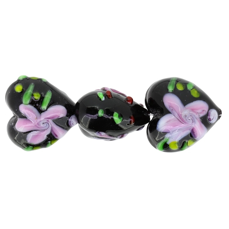 GLASS BEADS - MURANO STYLE - HEART 02 WITH RELIEF FLOWERS 02 - OPAQUE - 20х20х15mm BLACK-ROSE DUST-COLORFUL - 48pcs. Hole:1.5mm