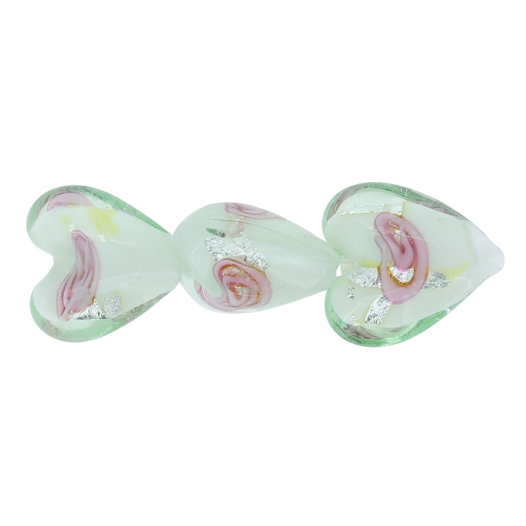 GLASS BEADS - MURANO STYLE - HEART 03 WITH WHITE FILLING AND SPOTS 02 - 16х16х10mm RESEDA-PINK-SILVER - 120pcs. Hole:1.5mm