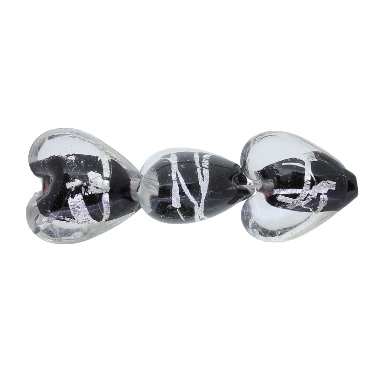 GLASS BEADS - MURANO STYLE - HEART 03 WITH BLACK FILLING AND SILVER THREADS - 15х15х10mm WHITE-BLACK-SILVER - 120pcs. Hole:1.5mm