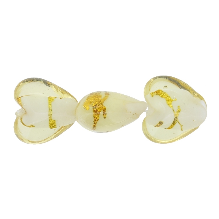 GLASS BEADS - MURANO STYLE - HEART 03 WITH WHITE FILLING AND GOLDEN THREADS - 15х15х10mm CHAMPAGNE AND GOLD - 120pcs. Hole:1.5mm