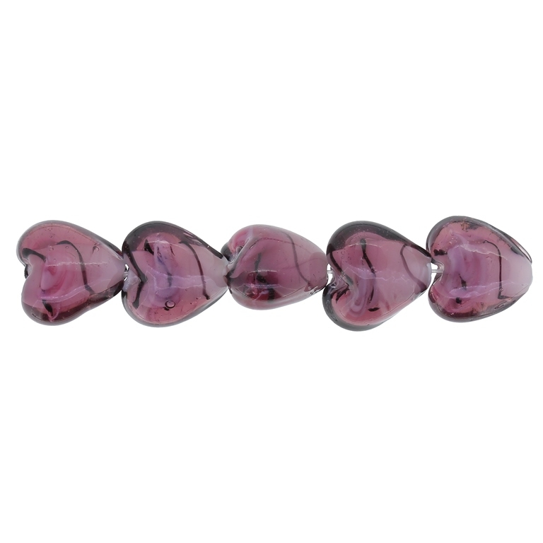 GLASS BEADS - MURANO STYLE - HEART 04 WITH WHITE FILLING AND SPOTS 02 - 12х12х8mm CYCLAMEN (DARK) AND PINK - 160pcs. Hole:1.5mm