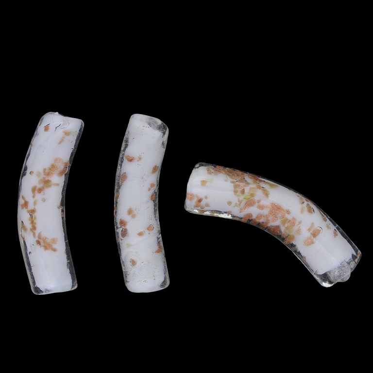 GLASS BEADS - MURANO STYLE - TUBE CURVED WITH WHITE FILLING AND SPOTS - 39х10mm WHITE AND COPPER - 48pcs. Hole:1.5mm