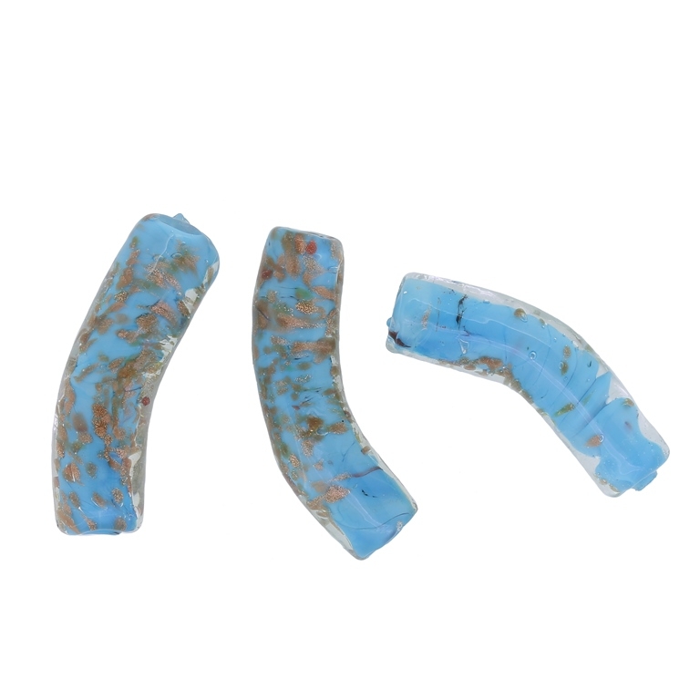 GLASS BEADS - MURANO STYLE - TUBE CURVED WITH BLUE FILLING AND SPOTS - 39х10mm BLUE 02 AND COPPER - 48pcs. Hole:1.5mm